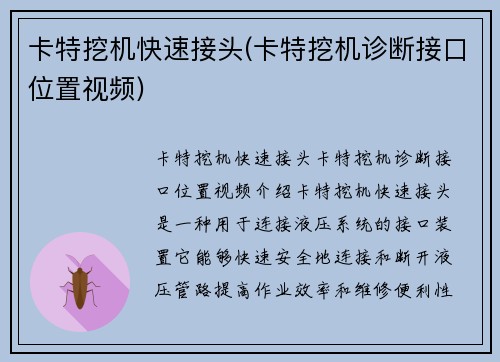 卡特挖机快速接头(卡特挖机诊断接口位置视频)