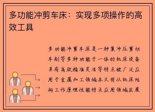 多功能冲剪车床：实现多项操作的高效工具